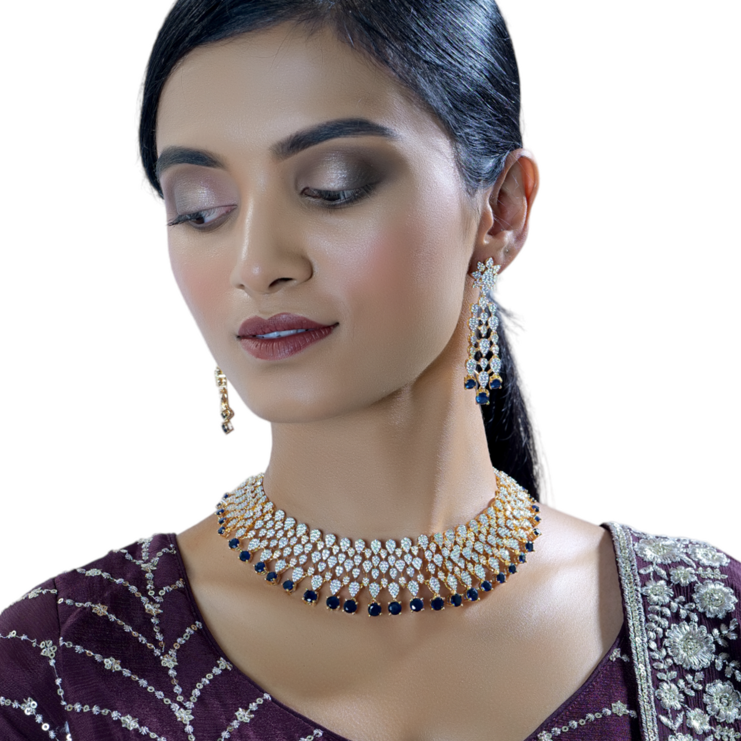 Rhodium-Plated Blue White CZ Studded Cubic Zircon Necklace Set