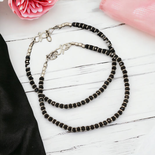 Black Beaded Silver Plated Chain Anklets