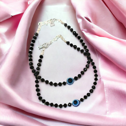 Silver Black Bead Evil Eye Anklet