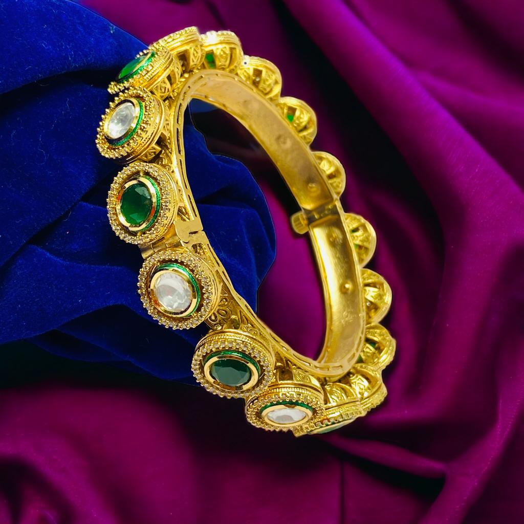 Gold Plated Green Kundan CZ Kada
