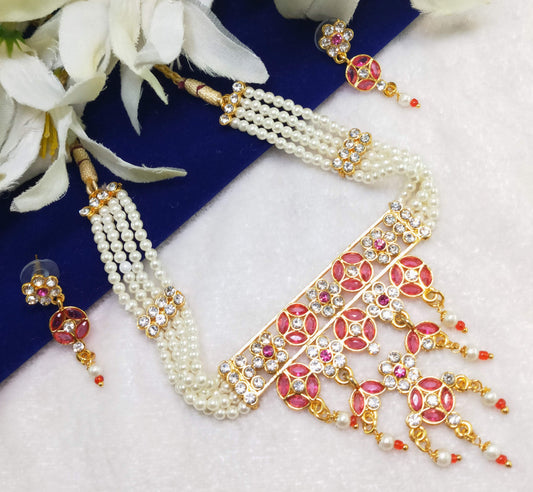 Beautiful Red Touch Moti Haar Choker Jewelry Set