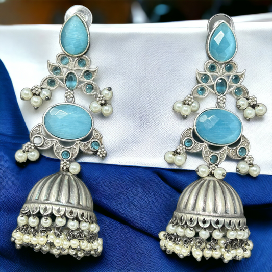 Long German Silver Jhumkha Earrings