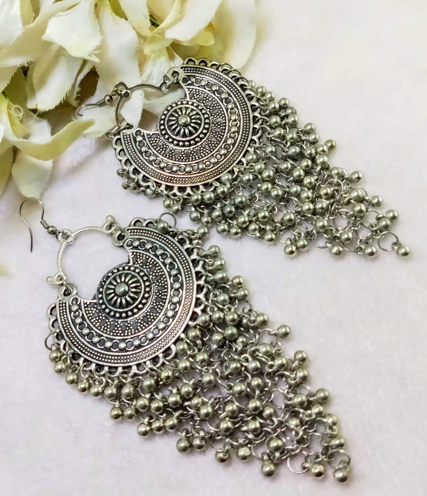 Silver Oxidized Afghani Chandbalis Dangle Drop Earrings