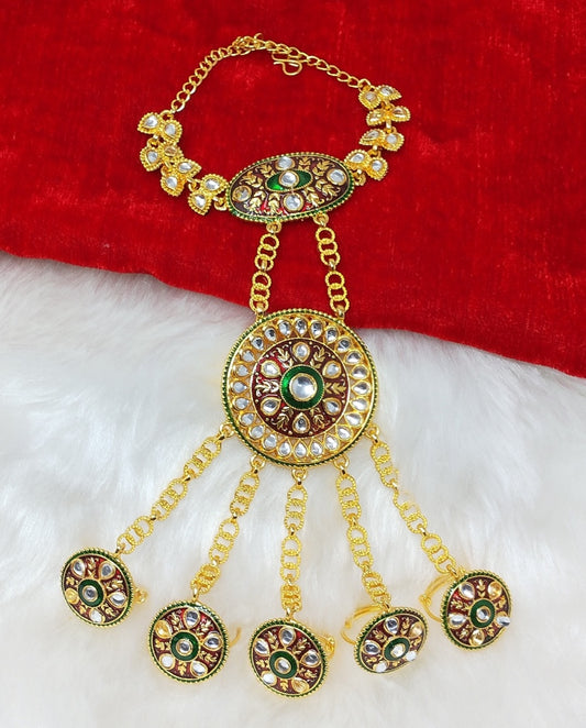 Traditional Gold Plated Kundan Hathphol Ring Bracelets