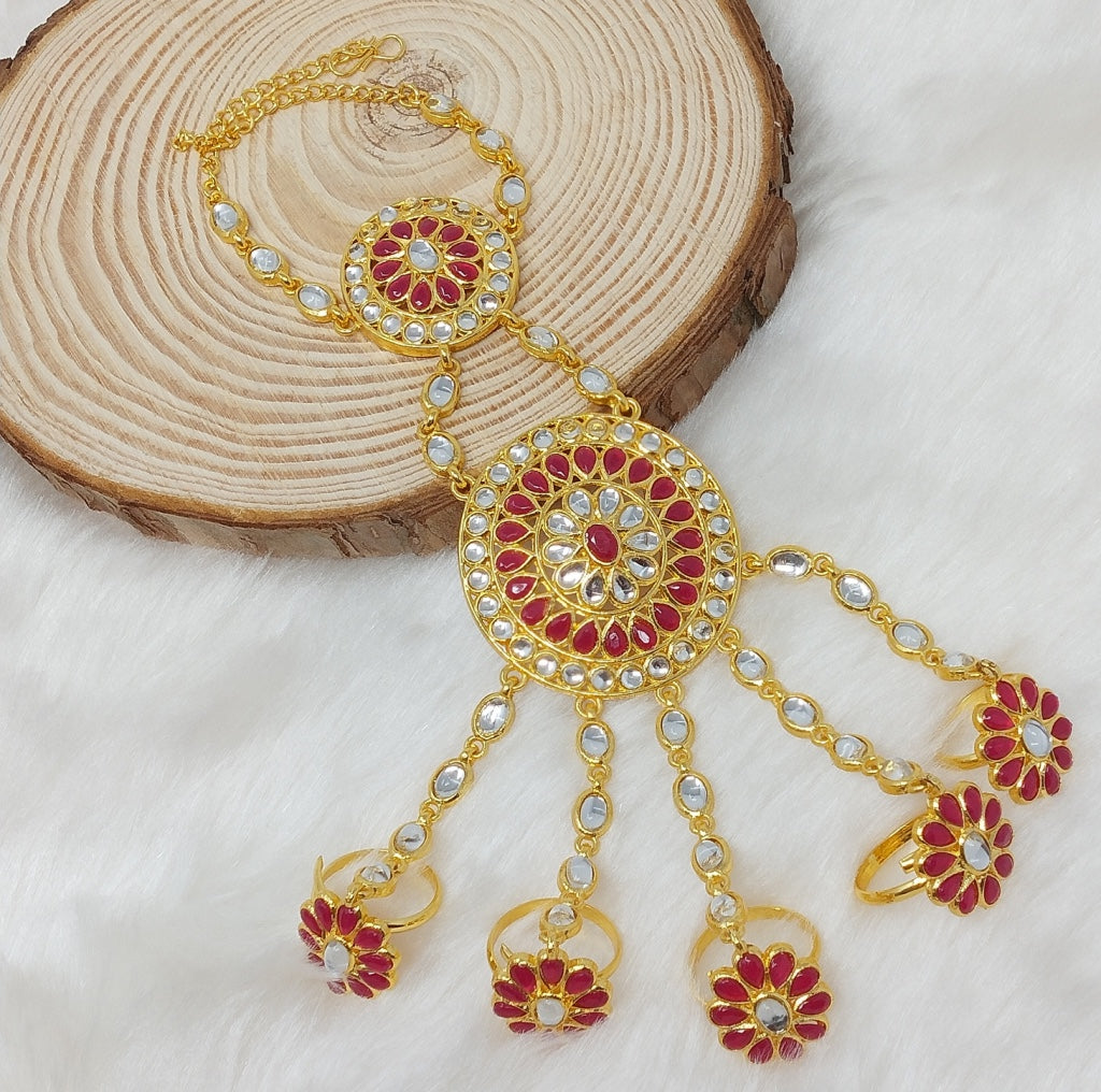 Gold Plated Kundan Finger Chain Hath Phool Bracelet