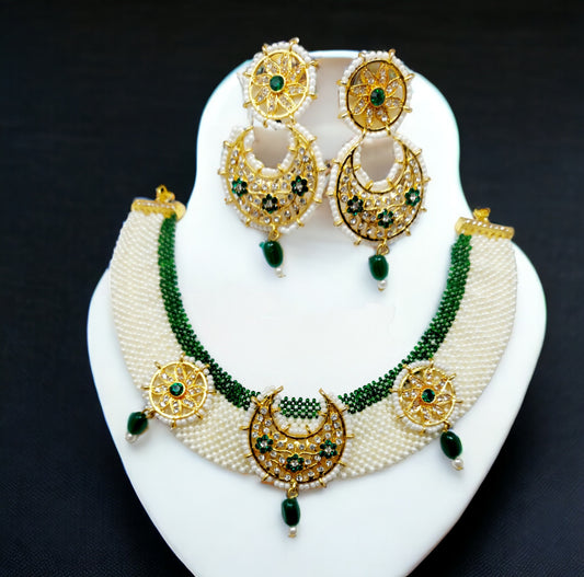Handcrafted Gold Plated White Green Pearl Choker Jewellery Set