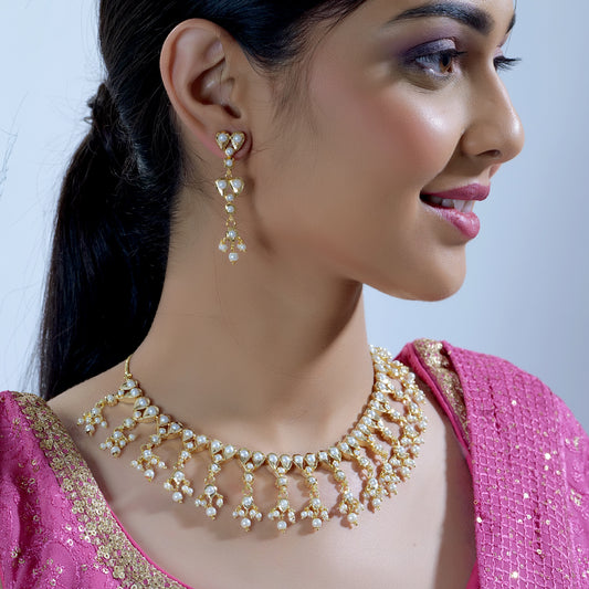 Gold Plated Pearl Studded Jadau Necklace Set