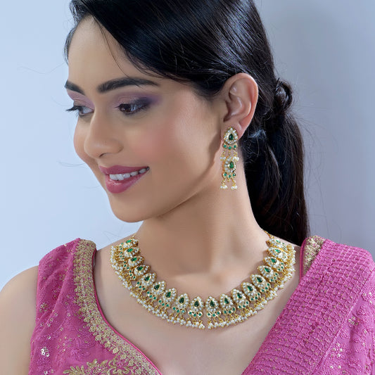 Gold Plated Pearl Studded Jadau Necklace Set