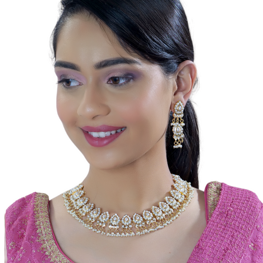 Gold Plated Pearl Studded Jadau Necklace Set