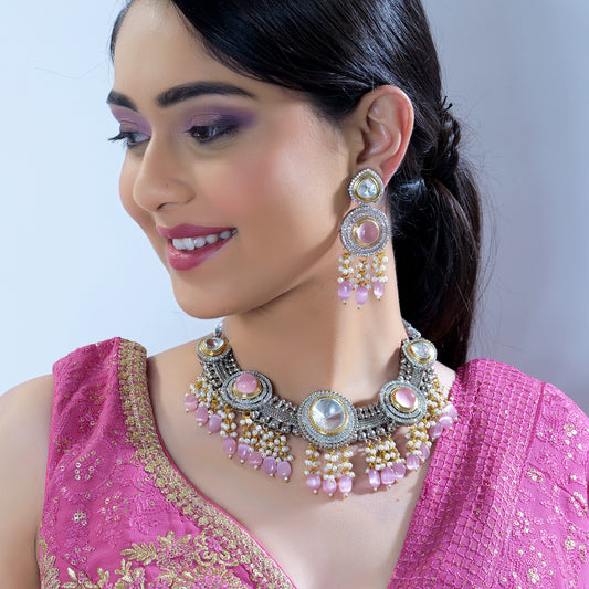 Pink Pearl Uncut Polki Kundan Jewelry Set - Elegant & Enchanting Accessories for Timeless Style