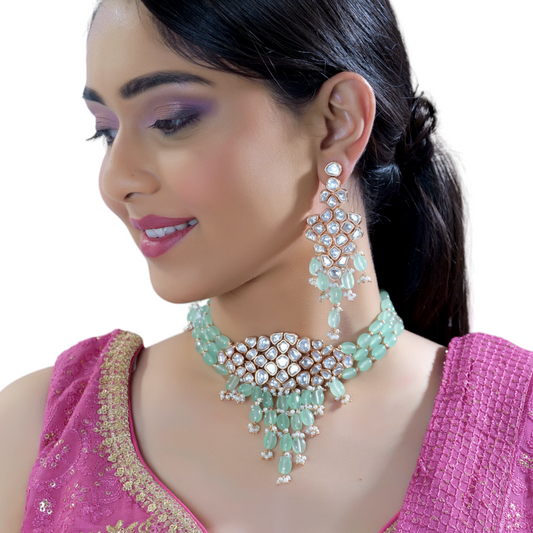 Glamorous Green Kundan Pearl Choker Jewelry Set