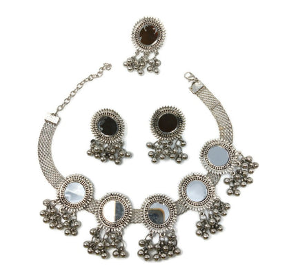 Graceful Oxidized Silver Mirror Pendent Jewelry Set