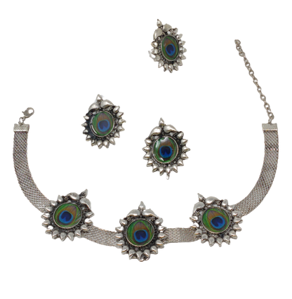 Oxidized Silver Peacock Pendent Jewelry Set