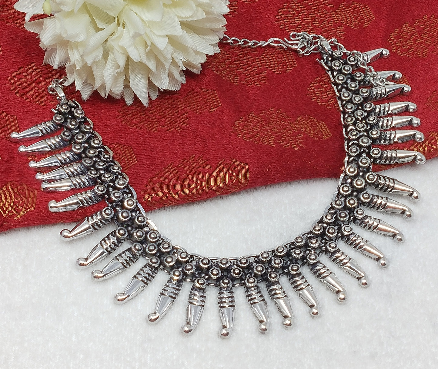 Oxidized Silver-Plated & Off-White Kolhapuri Work Necklace