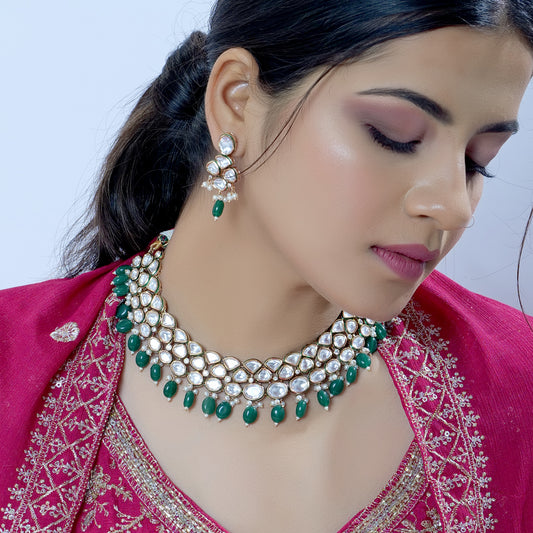 Traditional Green Pearl Polki Kundan Choker Jewelry Set
