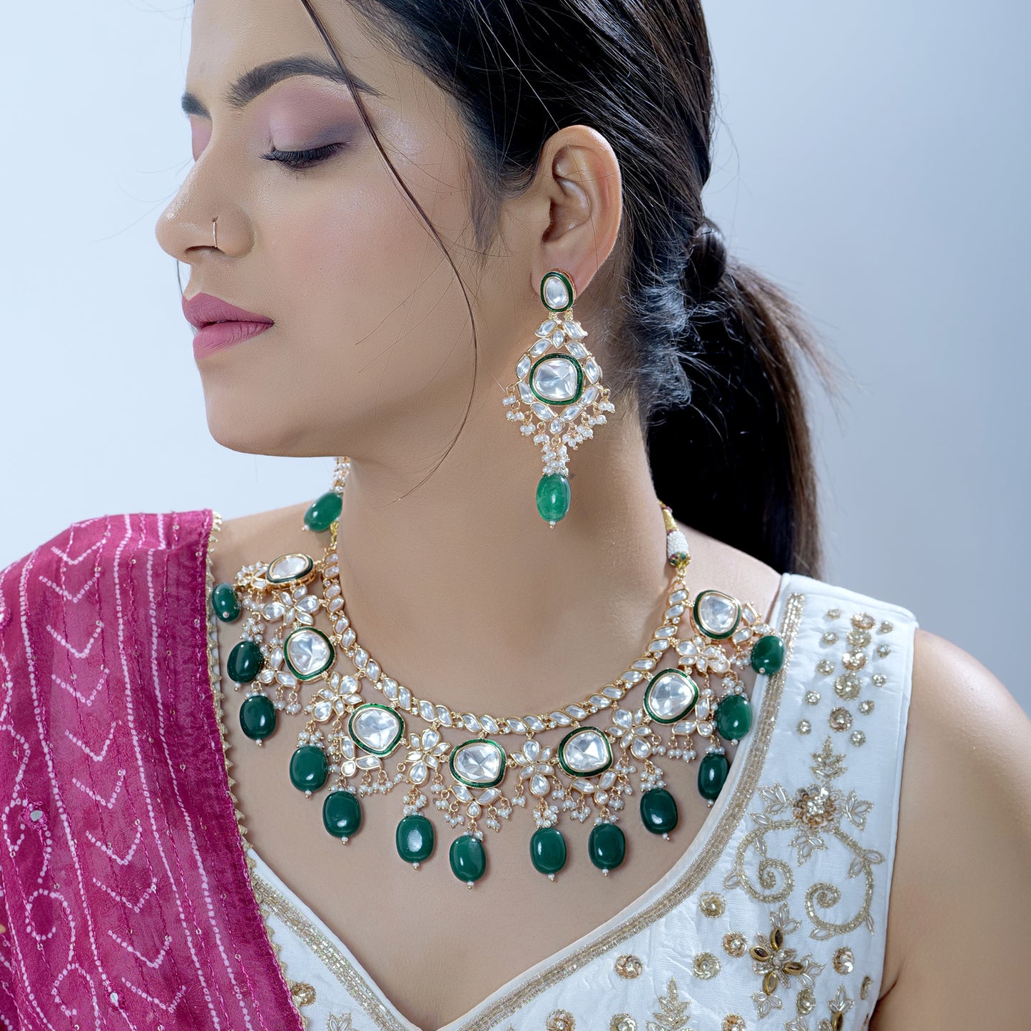 Green Pearl Uncut Polki Kundan Jewelry Set