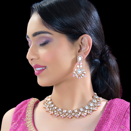 Pink Pearl CZ Studded Uncut White Polki Kundan Jewelry Set