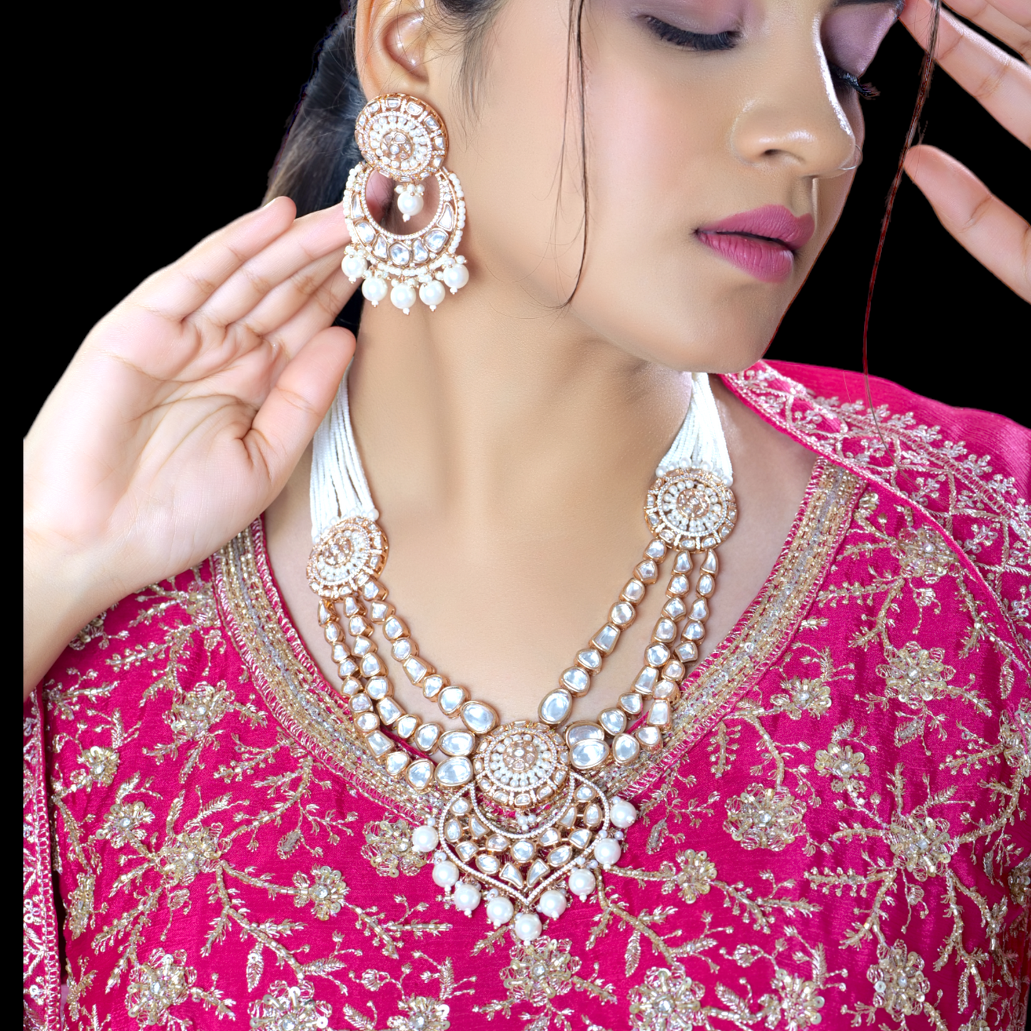 Three Layered White Pearl Uncut Polki Kundan Jewelry Set