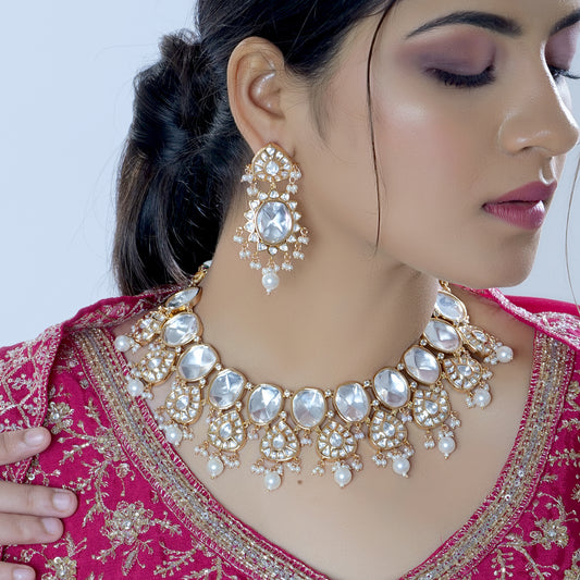 Designer White Pearl Uncut Polki Kundan Bridal Jewelry Set