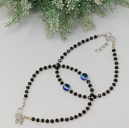 Silver Black Bead Evil Eye Anklet