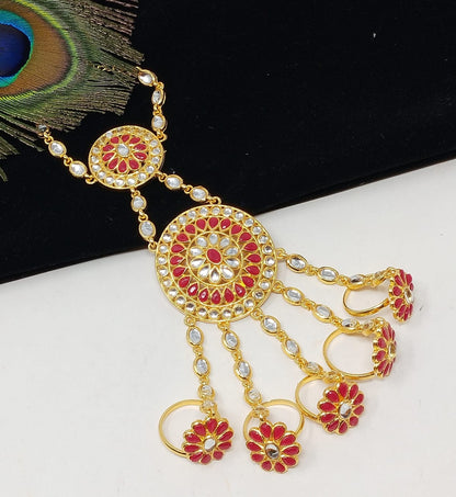 Gold Plated Kundan Finger Chain Hath Phool Bracelet