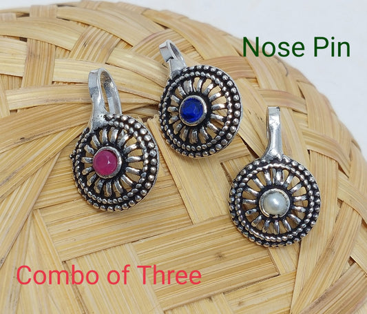 Oxidized Silver Indo Western Fashion Jewellery Nose Pin - Combo of 3