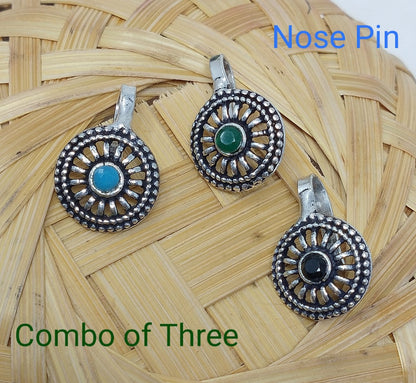 Oxidized Silver Indo Western Fashion Jewellery Nose Pin - Combo of 3
