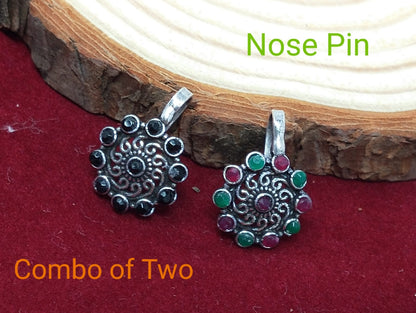 Oxidized Silver Indo Western Fashion Jewellery Nose Pin - Combo of 2