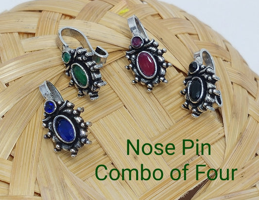 Oxidized Silver Indo Western Fashion Jewellery Nose Pin - Combo of 4