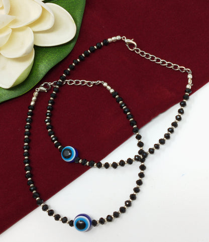 Silver Black Bead Evil Eye Anklet