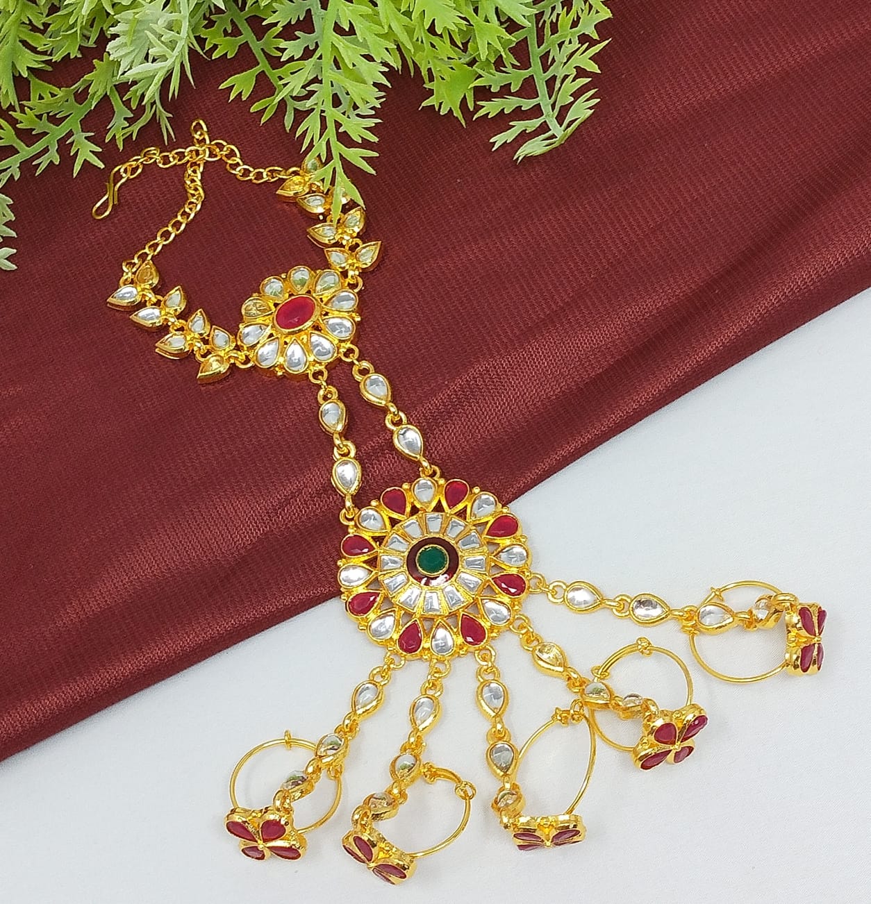 Gold Plated Kundan Hathphool Ring Bracelets