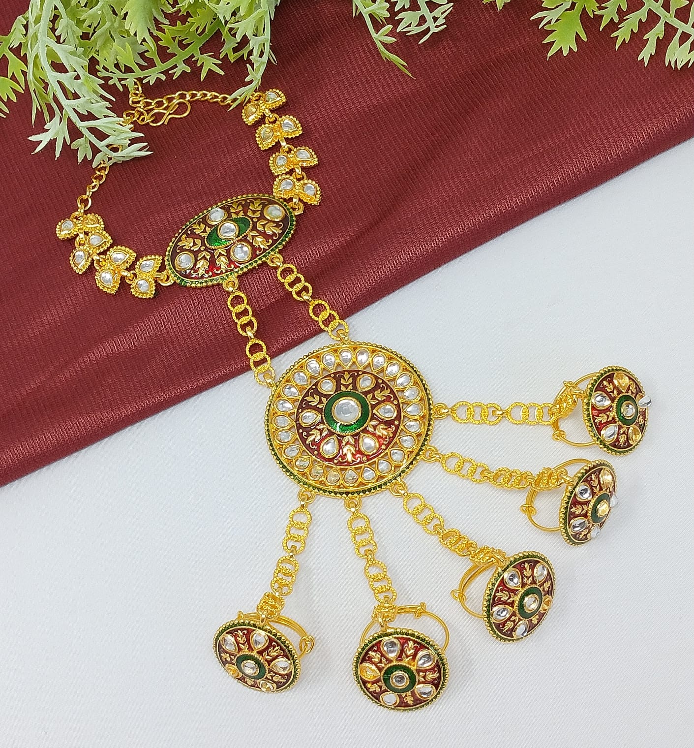 Traditional Gold Plated Kundan Hathphol Ring Bracelets