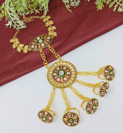 Traditional Gold Plated Kundan Hathphol Ring Bracelets