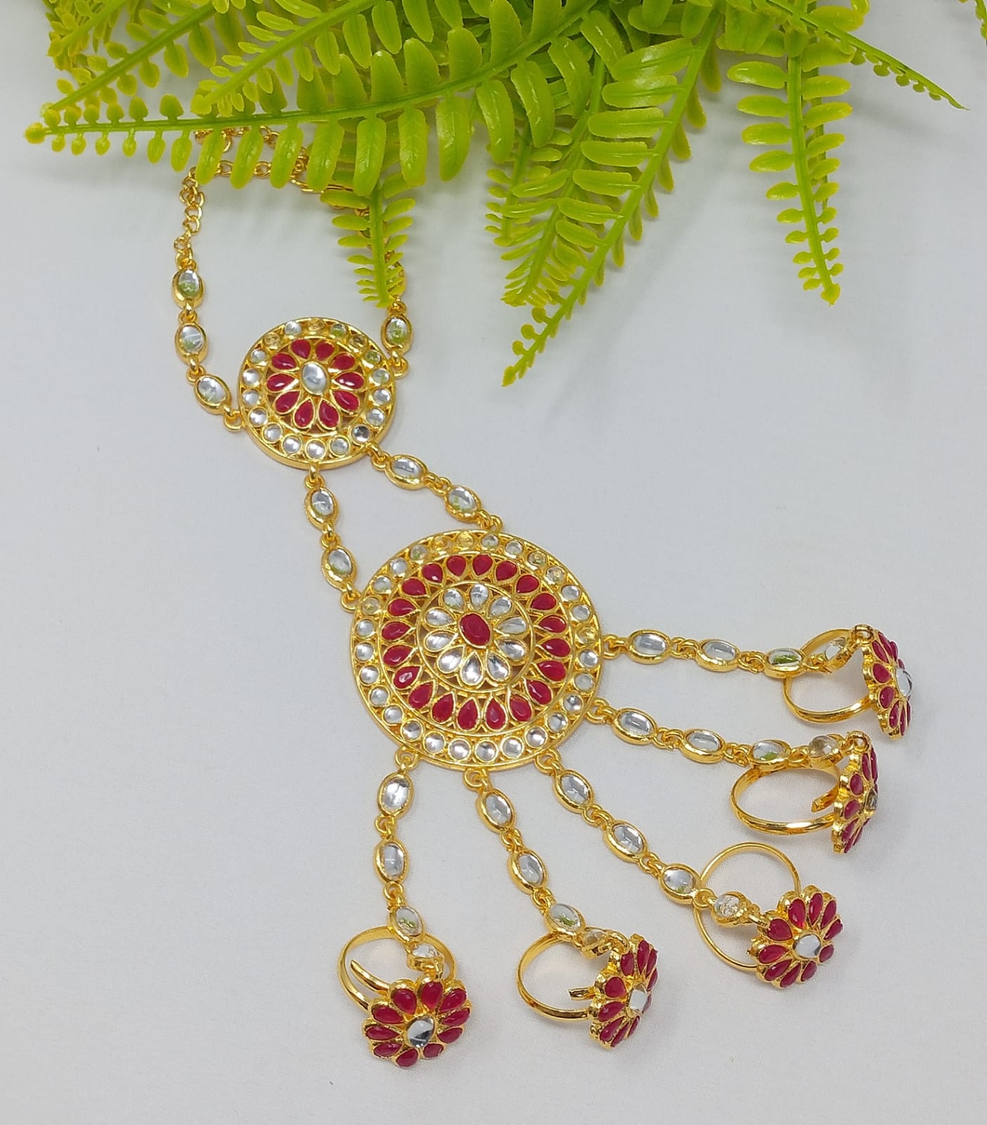 Gold Plated Kundan Finger Chain Hath Phool Bracelet