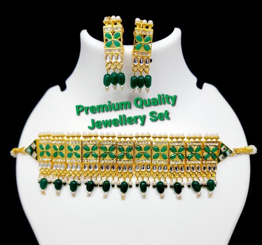 Gold Plated Royal Green AD Stone Pearl Choker Jewellery Set