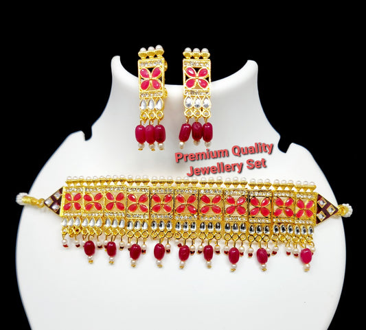 Royal Gold Plated Red AD Stone Pearl Choker Jewellery Set