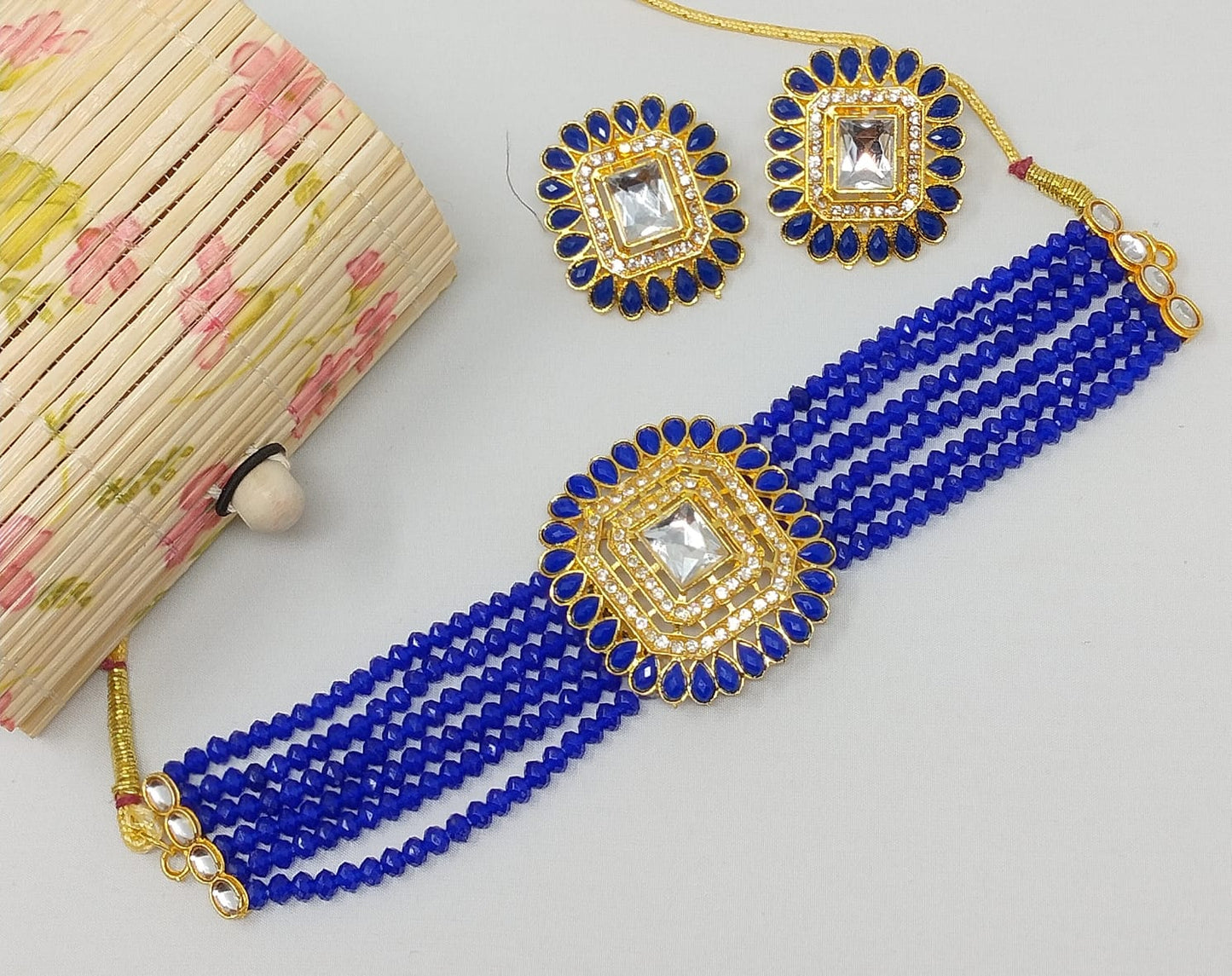 Blue Pearl Choker Square Pendent Jewelry Set