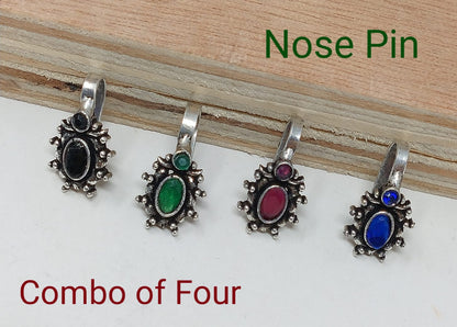 Oxidized Silver Indo Western Fashion Jewellery Nose Pin - Combo of 4