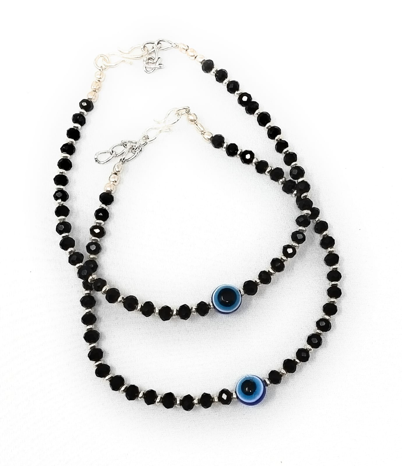 Silver Black Bead Evil Eye Anklet