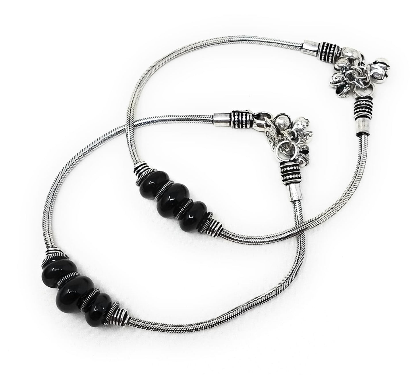Black Bead Silver Chain Anklets