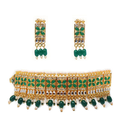 Gold Plated Royal Green AD Stone Pearl Choker Jewellery Set
