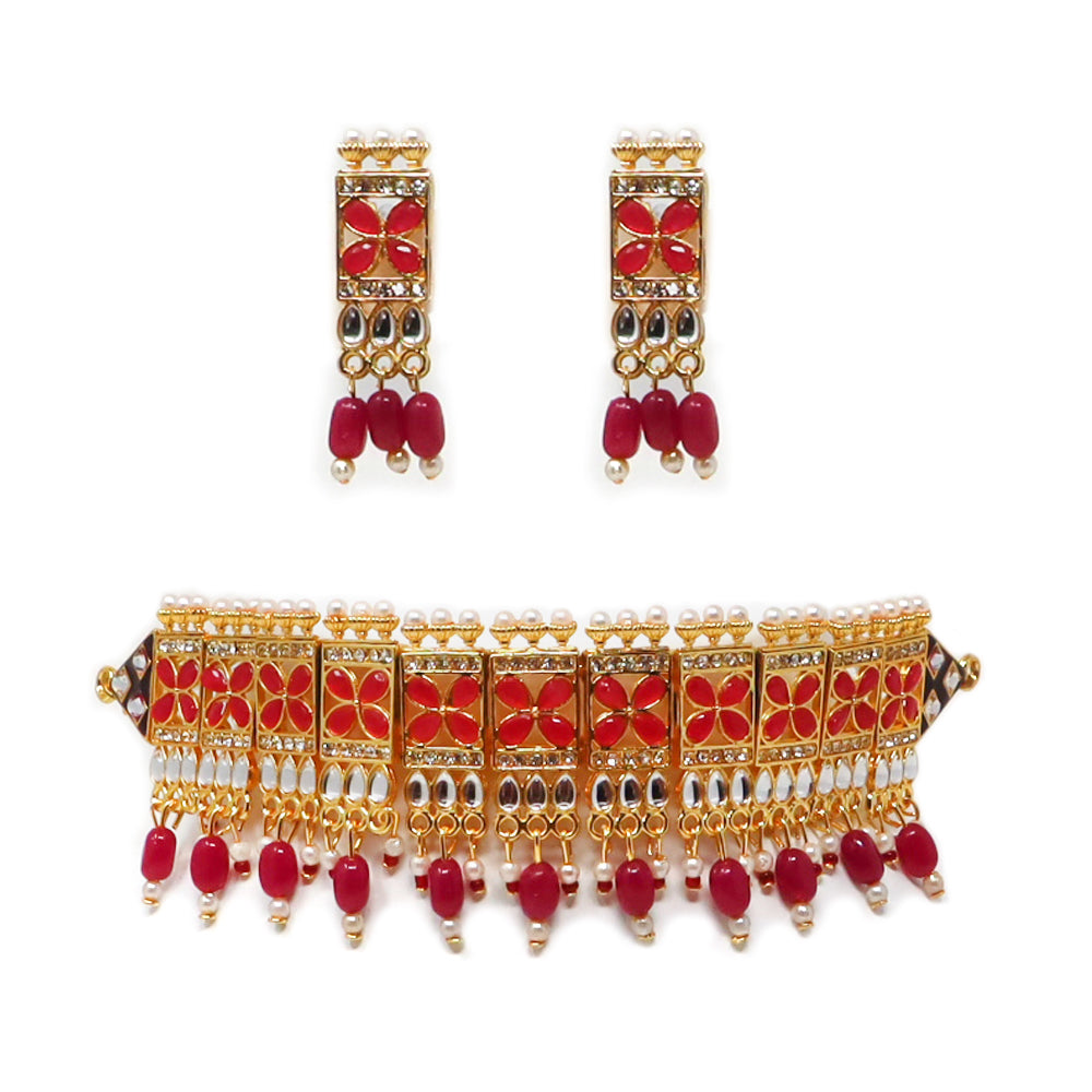 Royal Gold Plated Red AD Stone Pearl Choker Jewellery Set