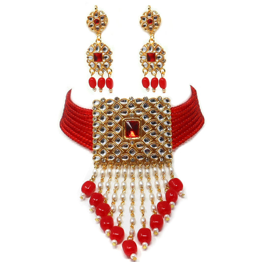 Red Gold Plated Kundan Pearl Ruby Necklace Choker Jewellery Set