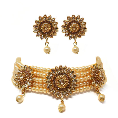 Kundan Studded Multistrand Pearl Choker Necklace Set